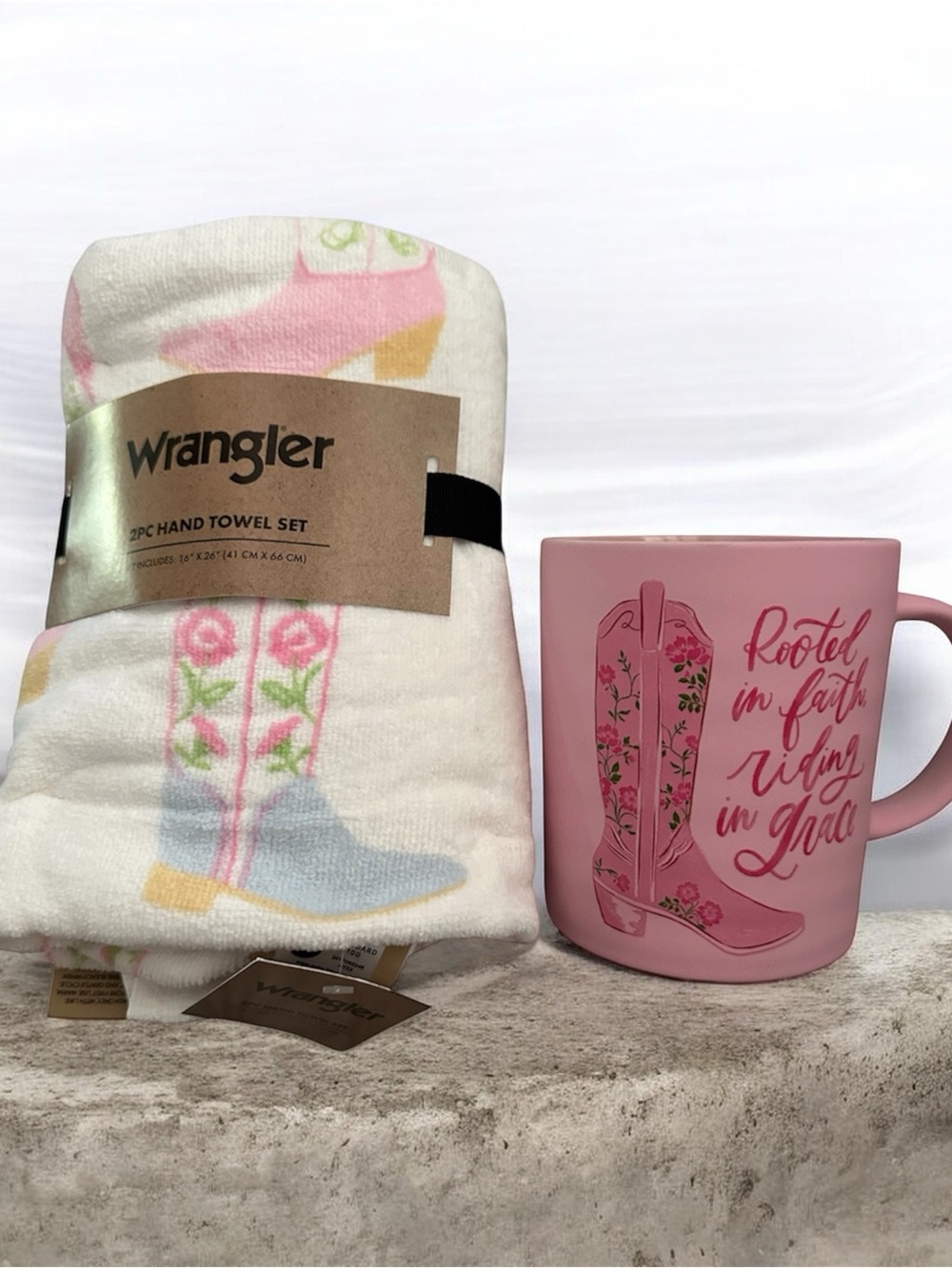 Pink Floral Cowboy Boot Hand Towel and Mug Set